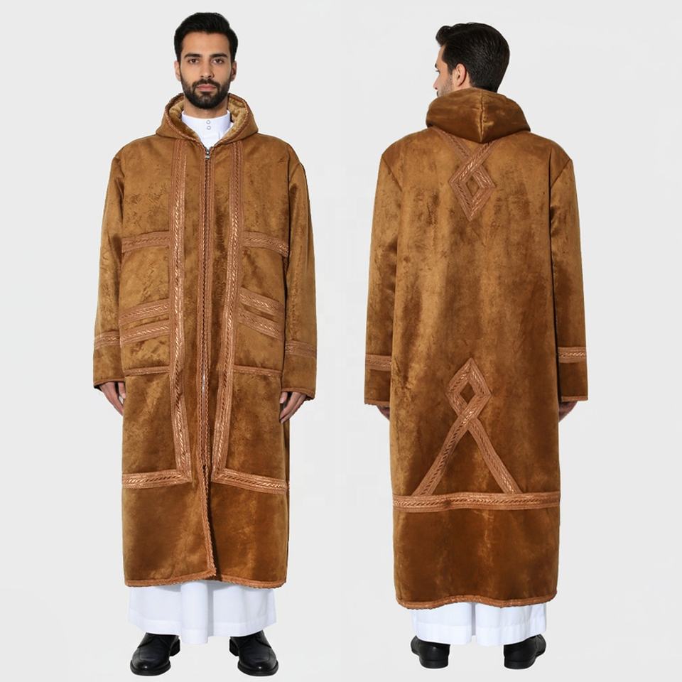 2026 Modest Muslim Winter Man Warn Kaftan largo con capucha abrigo suave y grueso Casual Color sólido Kimono con cremallera de bolsillo para hombres M137