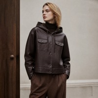 Veste en cuir d'agneau 100% véritable pour femme, manteau court à capuche avec cordon de serrage