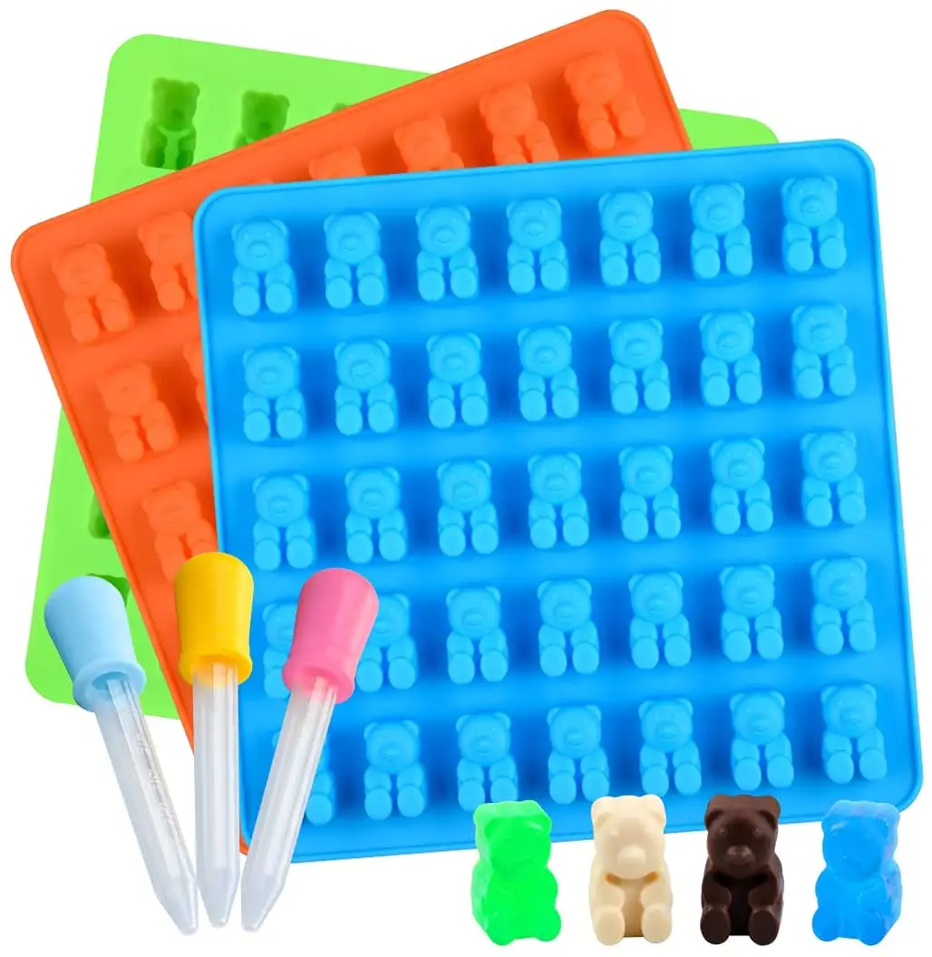 BHD Amazon Hot Sale BPA Free 53 Cavities Gummy Bear Candy Molds Nonstick Easy Release Silicone Chocolate Mold with Dropper