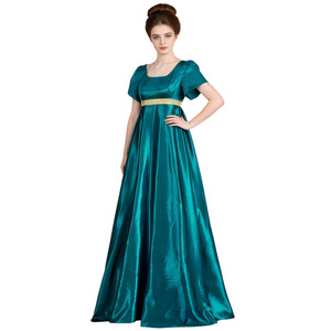 Manyusha Vintage Satin Evening Dress Empire Waist Square Neck Short Sleeve Handmade Full Length Gown in Stock - Product Image 1