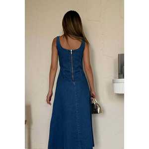 Robe fourreau en jean bleu col rond respirante pour femme, longueur midi - Product Image 6