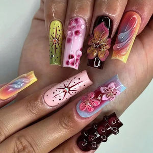 Uñas Postizas Largas y Cuadradas Hechas a Mano al por Mayor, Flores 3D Inspiradas en el Jardín, Acrílico, Fantasía Floral, Uñas Postizas de Lujo Personalizadas - Product Image 4