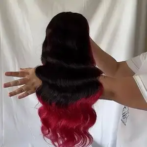 Wholesale Price Ombre Burgundy French Transparent Lace Front Wigs For Black Women Human Hair And Colour Pre Pluck Loose Wave Wig