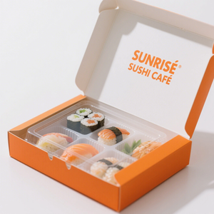Tùy Chỉnh Phân Hủy Sinh Học Nhật Bản Sushi Takeout Hộp Thực Phẩm Cấp Giấy Dùng Một Lần Sushi <span class=keywords><strong>Container</strong></span> Với Matt Cán Miếng Bọt Biển Lót - Product Image 1