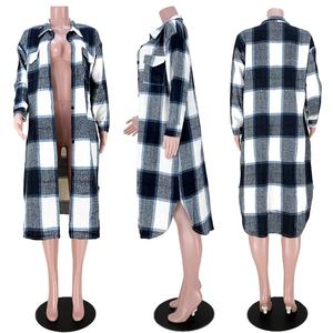 Printemps Automne Boutique Vêtements pour Femmes Manteau en Laine à Carreaux à Col Rabattu <span class=keywords><strong>Femme</strong></span> Casual Long Blouse Manteaux - Product Image 3