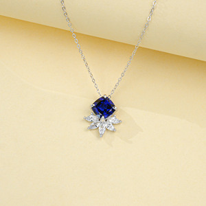 925 Sterling Silver <b>Cushion</b> Cut Lab Created Sapphire Pendant Necklace with CZ Snowflake Accent for Women Wedding Bridal Jewelry - Product Image 5