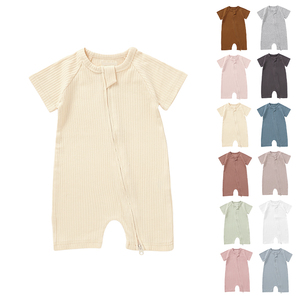 高速配送ニット半袖ユニセックスニットプレーンリブ秋夏ジッパーベビーショートロンパース - Product Image 1