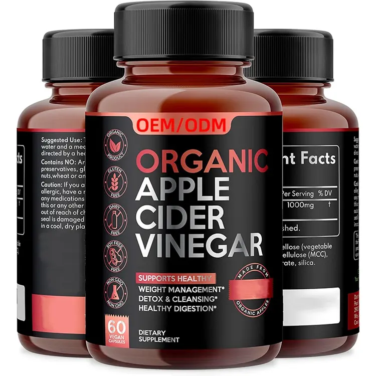 Desintoxicación natural Limpieza intestinal y digestión saludable 100% Cápsulas de vinagre de sidra de manzana cruda orgánica Píldoras ACV de fuerza extra