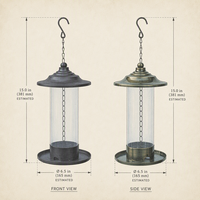 Mangeoire à oiseaux en tube transparent, résistante à la rouille, écologique, décorative, en métal antique, avec chaîne de suspension pour toit, réservoir de graines et plateau de base