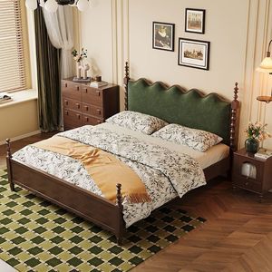 Lit en bois massif de style rétro américain, style campagnard français, lit double rembourré, mobilier de chambre à coucher moderne minimaliste vintage - Product Image 1
