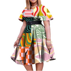 Vestido midi acampanado con estampado africano para mujer, <span class=keywords><strong>talla</strong></span> <span class=keywords><strong>grande</strong></span>, manga corta, cuello en V, con cinturón, estilo informal, para fiestas, bodas o invitadas. - Product Image 1