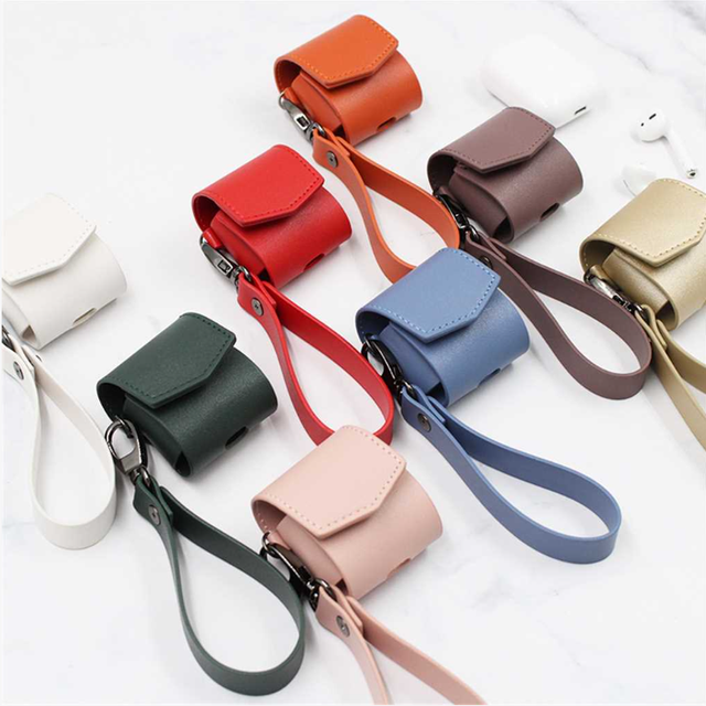Ready-to-use Classic Reusable PU Leather Button Closure Earphone Storage Case with Hanging Strap for Daily Use
