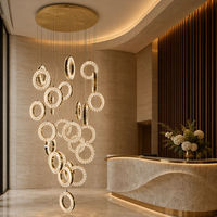 Lustre de Luxe en Cristal pour Escalier, Suspension Circulaire LED en Titane Doré pour Hall d'Entrée