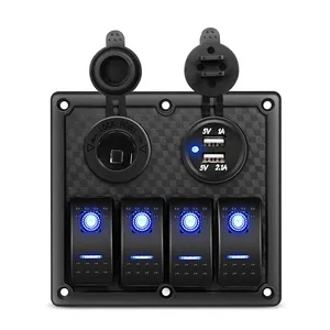 Amomd 4 Gang Waterproof Black Rocker Switches Panel DC 12V-24V RV Marine Dual USB Port Cigarette Lighter Socket On/Off Function