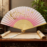 Kipas Senyum Dua Warna Biru Gaya Cina Vintage dari Kain Sutra dan Bambu, Aksesoris Pengiring Pengantin, Pernikahan, Hotel, Hanfu, Cheongsam, Grosir