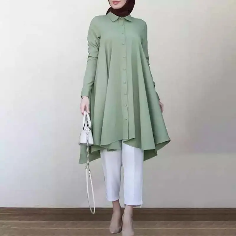 Wholesale pleated islamic clothing solid color button down dovetail curved bottom long sleeved vintage women s pleated muslim bl