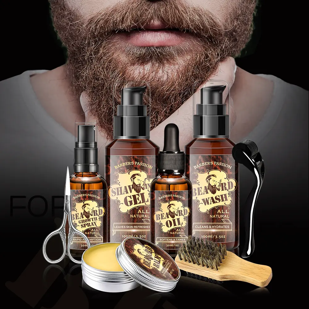 Personalizza la confezione regalo pulisci e riduce il prurito beardfora Set da barba per toelettatura Set di rulli per la crescita della barba