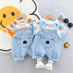 Spring Newborn Boys Cotton Clothes 2pcs Sets Kids Unisex Fashion Stripe Pullover Baby Girls Casual Denim Romper
