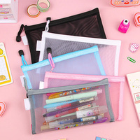 Trousse à crayons transparente en maille avec fermeture éclair, pochette portable en nylon pour fournitures scolaires, sac à stylos pour étudiants, usage quotidien à l'école et au bureau