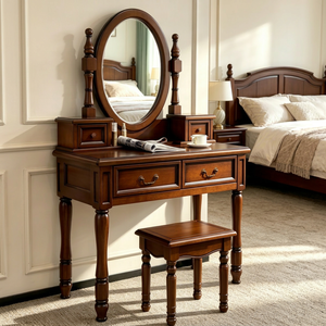 Traditional Solid Wood Makeup <b>Vanity</b> Set With <b>Mirror</b> And Stool 2 Drawers Mahogany Bedroom Dressing Table - Product Image 1