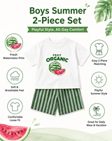Nouvel ensemble d'été 2026 pour garçons, imprimé pastèque, t-shirt 100 % coton et short rayé vert, tenue décontractée mignonne 2 pièces pour enfants, vente en gros OEM