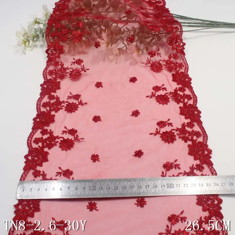 Venta al por mayor 27cm francés bordado encaje tela flor encaje rojo tul encaje