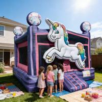 Château gonflable DST Rainbow Unicorn avec décalcomanie 3D, thème violet/rose, en PVC écologique, capacité >500 kg, 4x4x3m