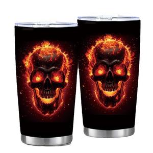Draagbare 20Oz Roestvrijstalen 304 Dubbelwandige Beker 3d Vlamschedels Ontwerp 3d Bedrukt Metalen Relatiegeschenk Mok Stro Thermisch - Product Image 1