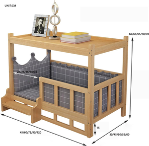 Junji เตียงแมวทำจากไม้สองชั้น, เตียงสัตว์เลี้ยงไม้แข็งยกสูงโต๊ะข้างเตียงที่นอนมีบันไดรั้วกั้นสุนัข - Product Image 3