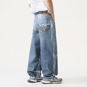 Celana Jeans Berkualitas Tinggi Model AC Style Slits 3D Printing Digital Printing Faux Two-piece Distressed Loose Straight - Product Image 2