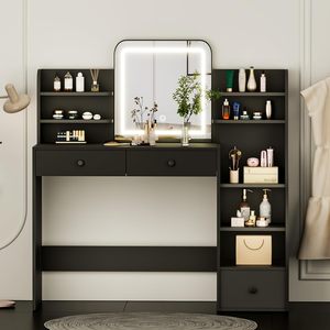 Bureau de maquillage moderne noir avec miroir LED et 5 étagères, 7 zones de rangement ouvertes et 3 tiroirs, éclairage réglable 3 couleurs - Product Image 4