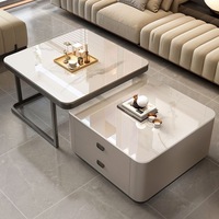 Table basse carrée moderne de luxe en marbre et bois blanc avec tiroirs, ensemble de meubles de salon en métal doré, design élégant en verre