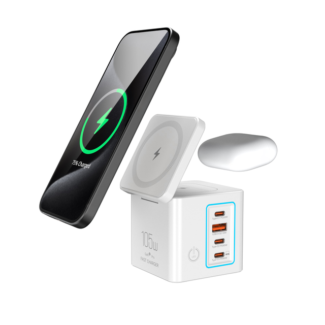 105W 6-in-1 Multi-functional Multi-port Desktop Charging Station with  Magnetic Wireless Charger and LED Atmosphere Light
