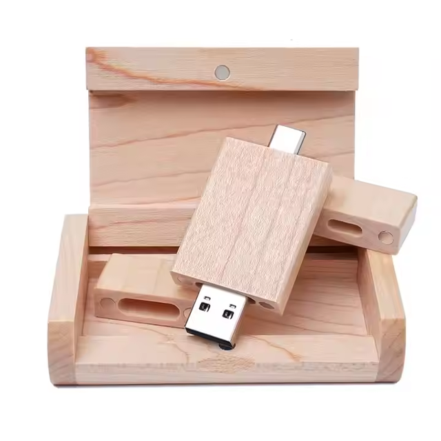 New Fashion OTG USB 2.0 C 2-in-1 Wooden Type C Flash Drive with Logo and Walnut Box Packaging for Phone