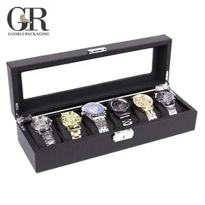 Guorui Nieuwe 6 grids horloge box houder carbon horloges vitrine rechthoek sieraden dozen