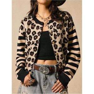 Cárdigan de Mujer Personalizado con Estampado de Leopardo, Estilo Y2K, Rayas, Botones, Manga Larga, Cuello Redondo, Bloques de Color, Top Moderno - Product Image 2