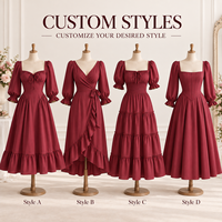 Robe midi personnalisée pour femme, légère, tissée, avec buste froncé, manches bouffantes, poignets froncés, taille ajustée, ourlet à volants, coupe trapèze