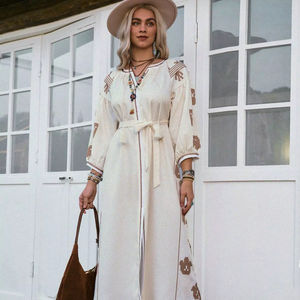 Vestido Maxi Bordado para Mujer, Blanco, Algodón, Manga Corta, Casual, Tejido Natural, con Borlas, Elegante, Holgado, para Playa o Día - Product Image 1