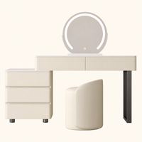 Ensemble de coiffeuse moderne en panneaux de bois blanc avec miroir LED réglable, tiroirs de rangement, table de maquillage pour chambre d'hôtel