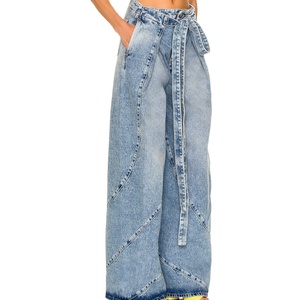 Nouveau design, prix bas, jeans à jambes larges pour femmes, style streetwear hip-hop, 100% coton, délavé à l'acide, effet usé, OOTD, cargo, baggy, en denim - Product Image 2