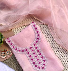 Luxury Unstitched Tissue Silk Kurta Set with Chanderi Bottom & Sheer Dupatta Aari Zardozi Work Emerald Embellishment Ethnic Wear - Product Image 2