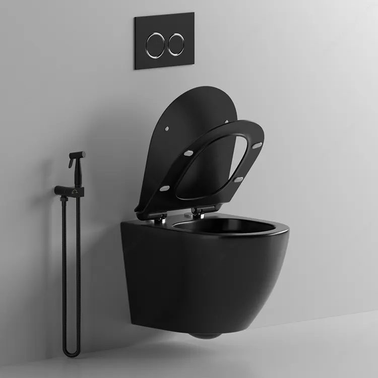 BTO toilet toilet gantung dinding, toilet toilet commode gantung dinding penghemat air keramik hitam matte desain mewah