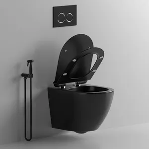 Bto Luxe Ontwerp Mat Zwart Keramische Muur Opgehangen Toilet Wc Waterbesparing Muur Opknoping Commode Toilet
