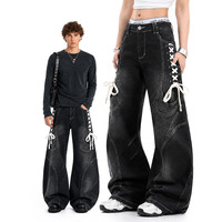 Jeans à lacets style américain pour hommes et femmes, design patchwork, coupe ample et large avec un ourlet incurvé, longueur au sol
