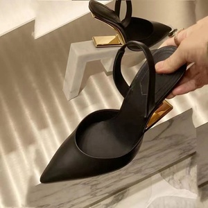 Metallic High Heeled Shoes Women Sexy V-Cut Party Slingback Fashion Genuine Leather Pointed Toe Pumps Black <b>Sandals</b> - Product Image 4