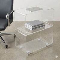 Table d'appoint moderne à trois niveaux en acrylique transparent fait main avec rangement et roulettes, petite table basse pour salon et bureau