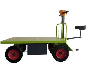 Vierwielige Lithium Batterij Werkende Vlakke Vrachtwagen Elektrische Handtrolley Platform <span class=keywords><strong>Trolley</strong></span> Kar Met Hek Voor Materiaalbehandeling