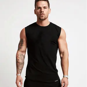 Verão Respirável Preto Dos Homens de 100% T-Shirt Sem Mangas de Algodão Treino Parte Superior Do Tanque de Fitness