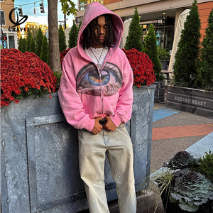 Maßgefertigter Airbrush-Augen-Grafik Reißverschluss-<span class=keywords><strong>Hoodie</strong></span> in Rosa Oversized Vintage-Waschung Streetwear Distressed <span class=keywords><strong>Raglan</strong></span>-Ärmel - Product Image 1