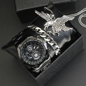 3pcs a <strong>Set</strong> Fashion Eagle Necklace Quartz <strong>Watch</strong> Bracelet Jewelry Classic <strong>Geneva</strong> Waterproof <strong>Watches</strong> <strong>Set</strong> for Men With Gift Box - Product Image 3